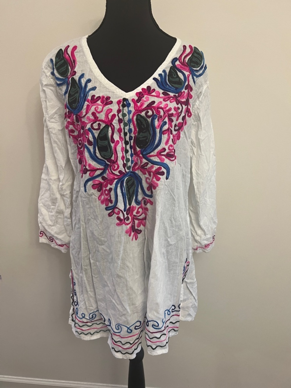 ShoeShock White V-Neck Swim Coverup with Pink & Blue Embroidery